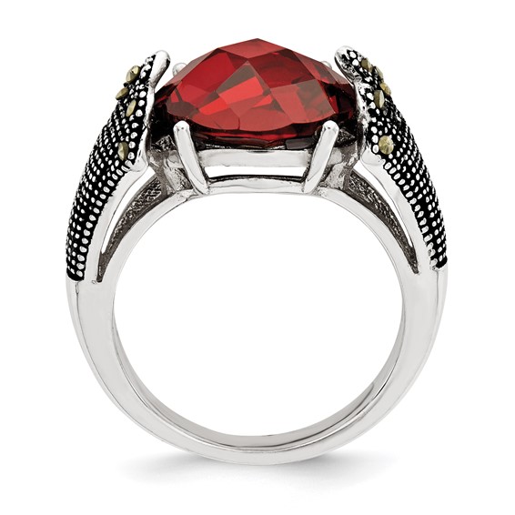 Sterling Silver Red CZ and Marcasite Ring