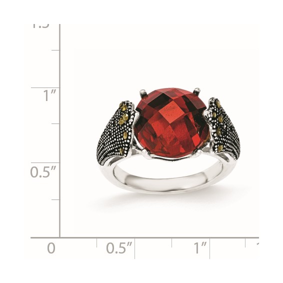 Sterling Silver Red CZ and Marcasite Ring