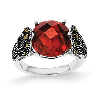 Sterling Silver Red CZ and Marcasite Ring
