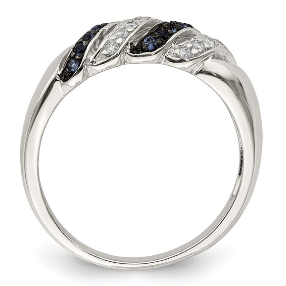 Sterling Silver Rhodium-plated Polished CZ & Blue Glass Stone Ring