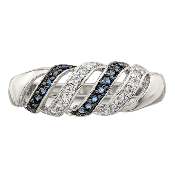 Sterling Silver Rhodium-plated Polished CZ & Blue Glass Stone Ring