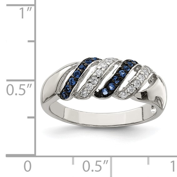 Sterling Silver Rhodium-plated Polished CZ & Blue Glass Stone Ring