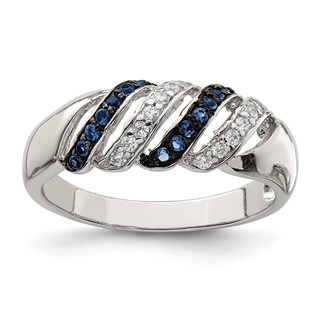 Sterling Silver Rhodium-plated Polished CZ & Blue Glass Stone Ring