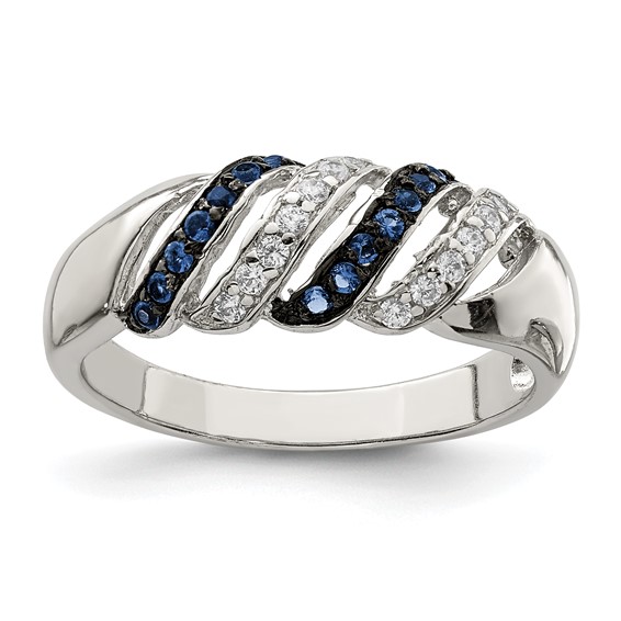 Sterling Silver Rhodium-plated Polished CZ & Blue Glass Stone Ring