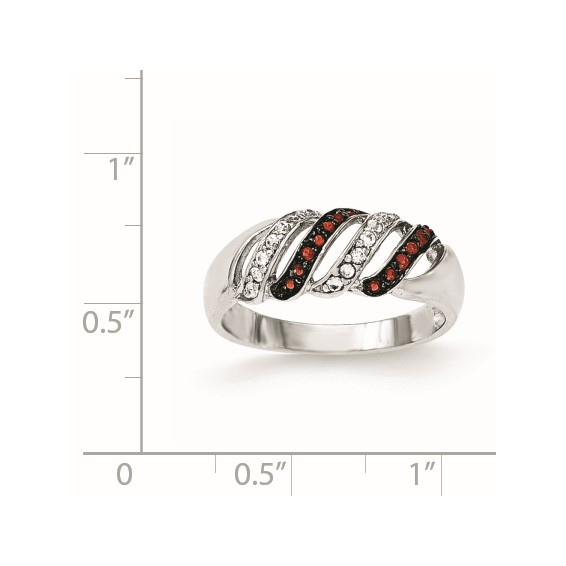 Sterling Silver Polished CZ & Red Glass Stone Ring