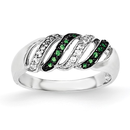 Sterling Silver Polished CZ & Green Glass Stone Ring