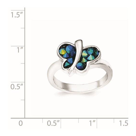 Sterling Silver Rhodium-plated Blue Crystal Butterfly Ring