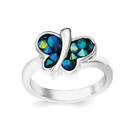 Sterling Silver Rhodium-plated Blue Crystal Butterfly Ring