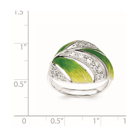 Sterling Silver Green And Yellow Enamel Leaf And CZ Ring