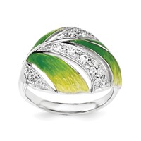 Sterling Silver Green and Yellow Enamel Leaf and CZ Ring view 1