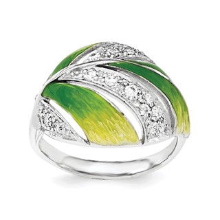 Sterling Silver Green And Yellow Enamel Leaf And CZ Ring