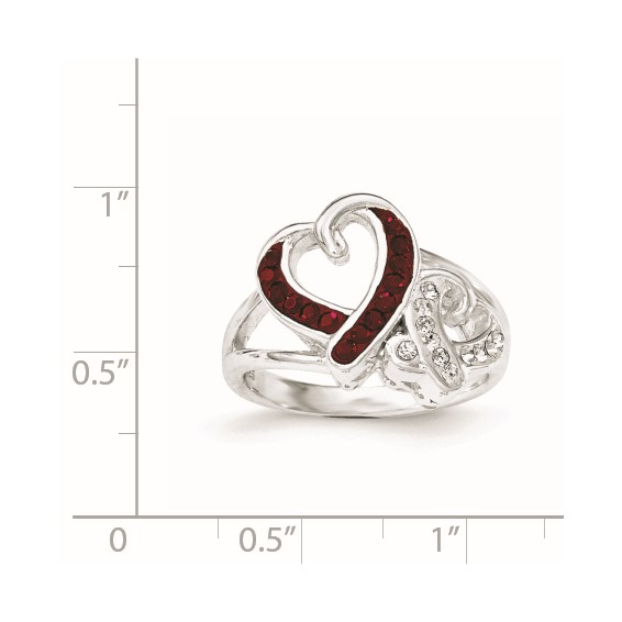 Sterling Silver Red and White Crystal Two Heart Ring