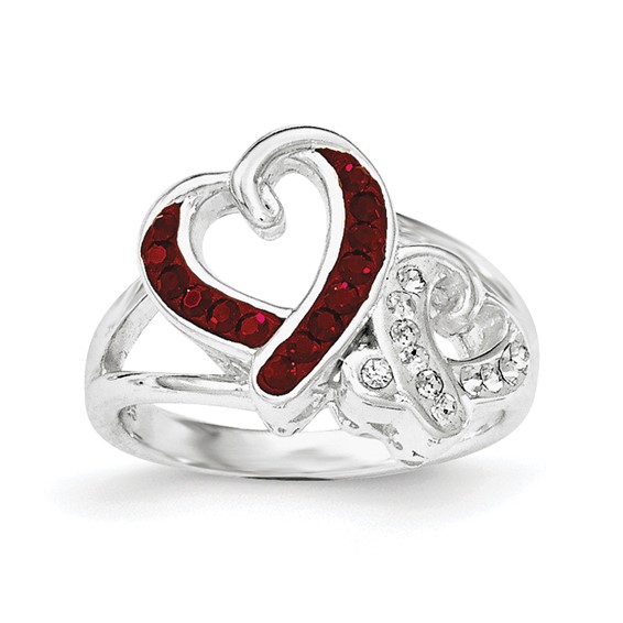 Sterling Silver Red and White Crystal Two Heart Ring