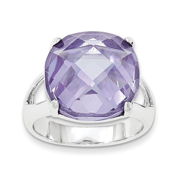 Sterling Silver Lavender CZ Checkerboard-cut Cushion Ring
