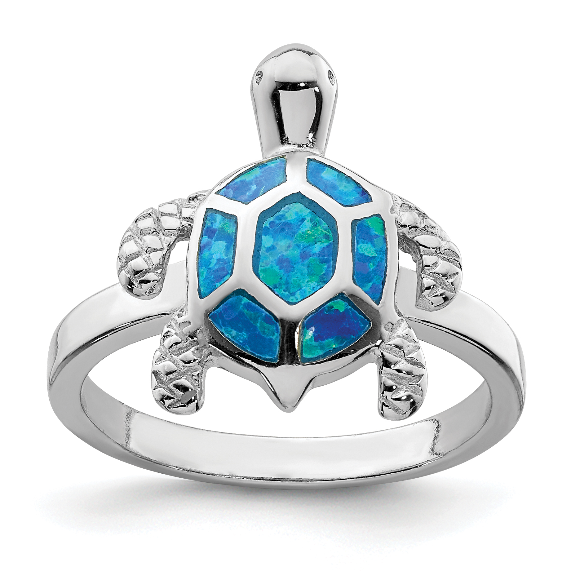 Sterling Silver Rhodium-plated Created Blue Opal Turtle Ring (QR6029-6)