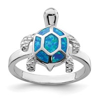 Sterling Silver Rhodium-plated Created Blue Opal Turtle Ring view 1