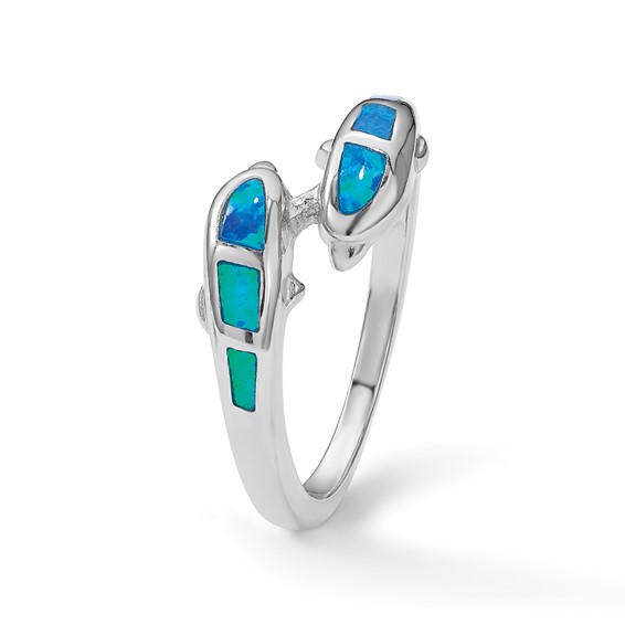 Sterling Silver Rhodium-plated Created Blue Opal Dolphins Ring