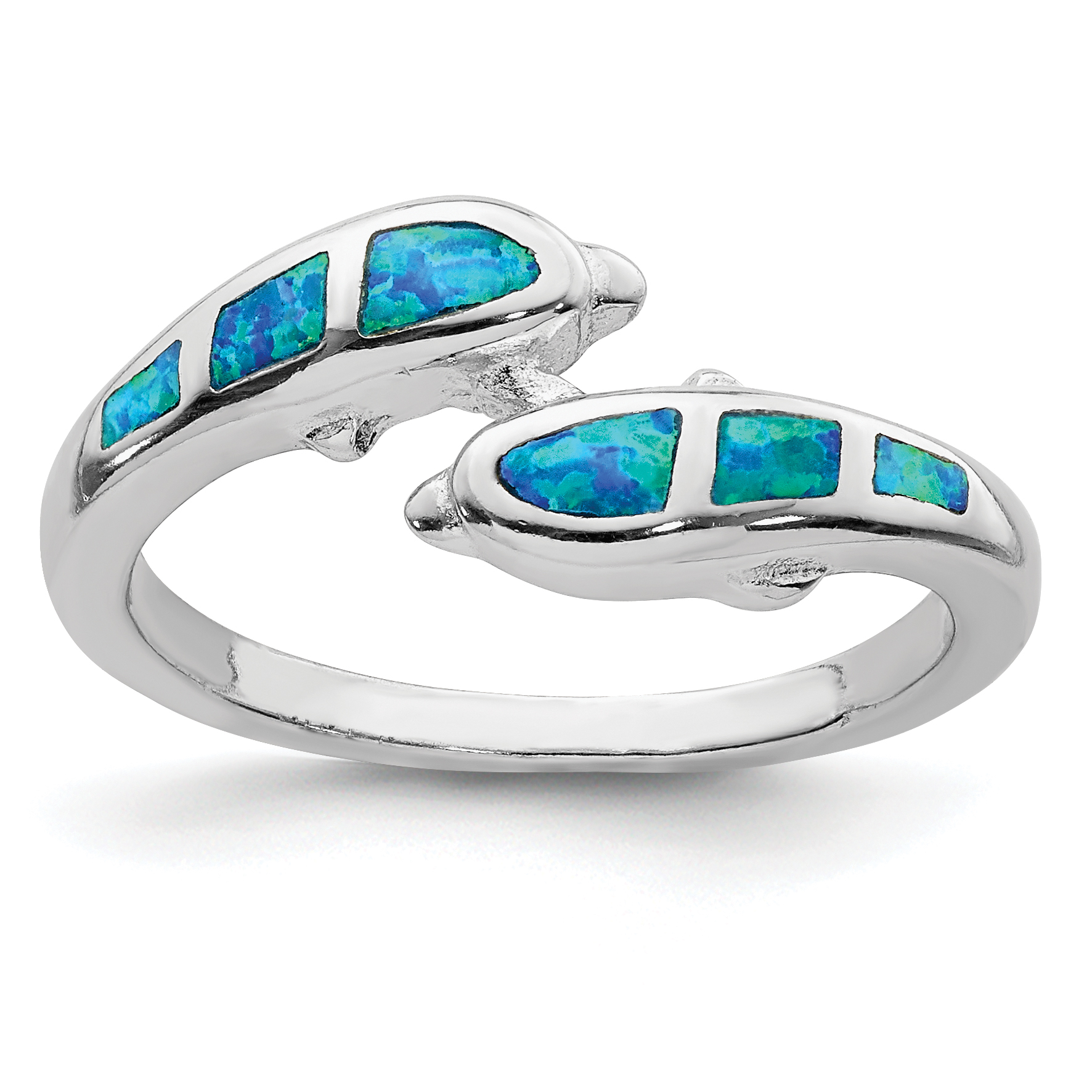 Sterling Silver Rhodium-plated Created Blue Opal Dolphins Ring (QR6030-6)