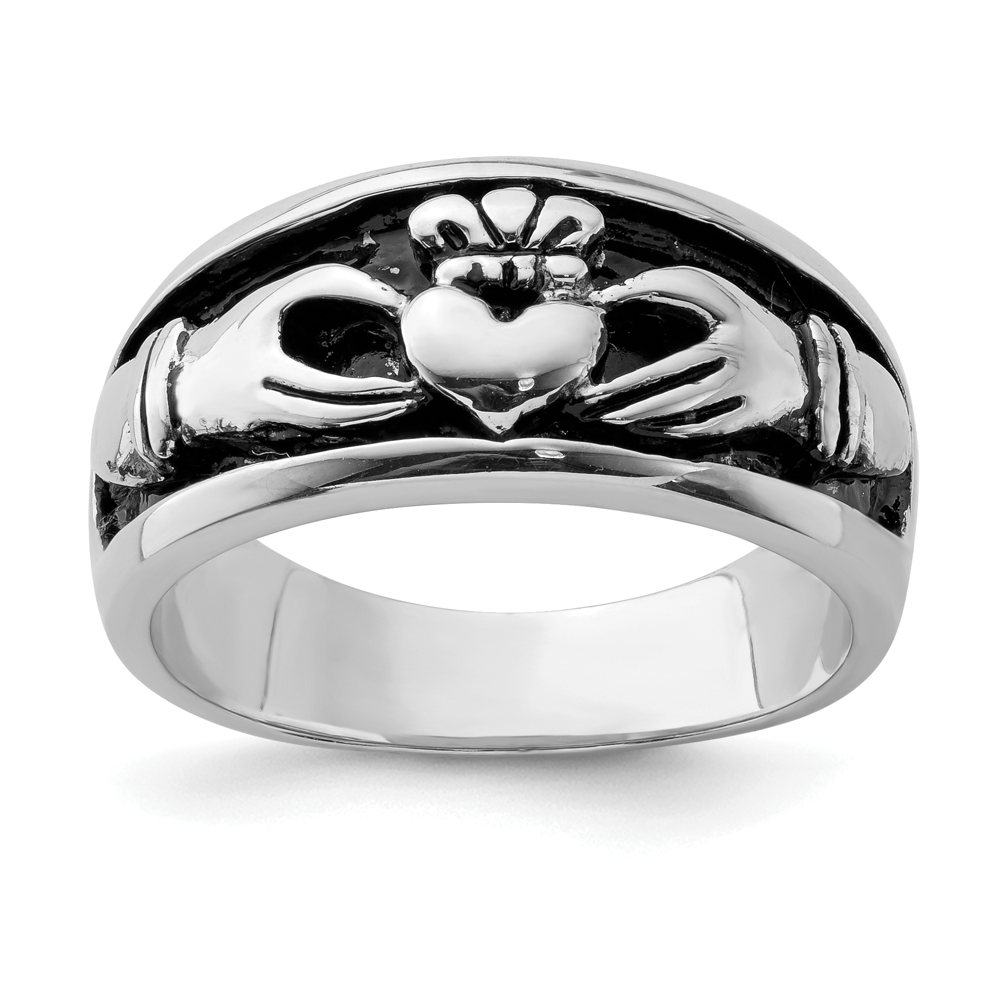 Sterling Silver Rhodium-plated Antiqued Claddagh Ring (QR6084-6)
