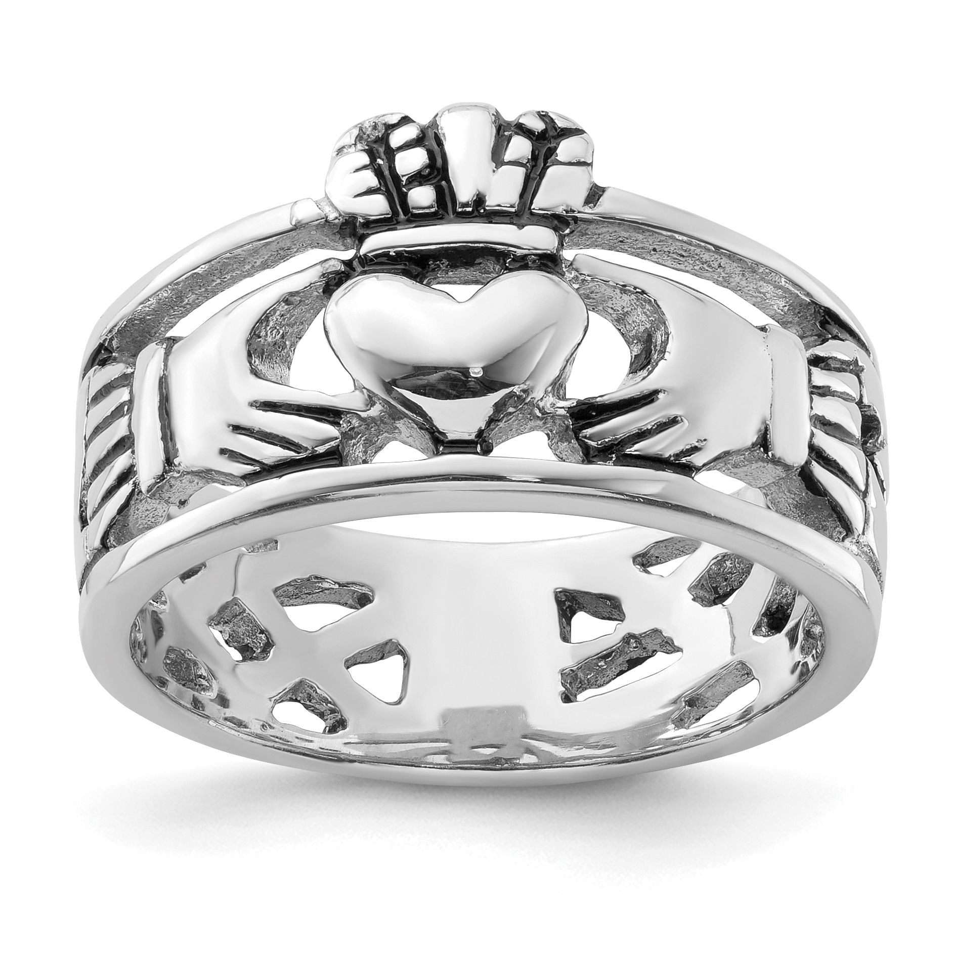 Sterling Silver Rhodium-plated and Antiqued Claddagh Ring (QR6085-8)