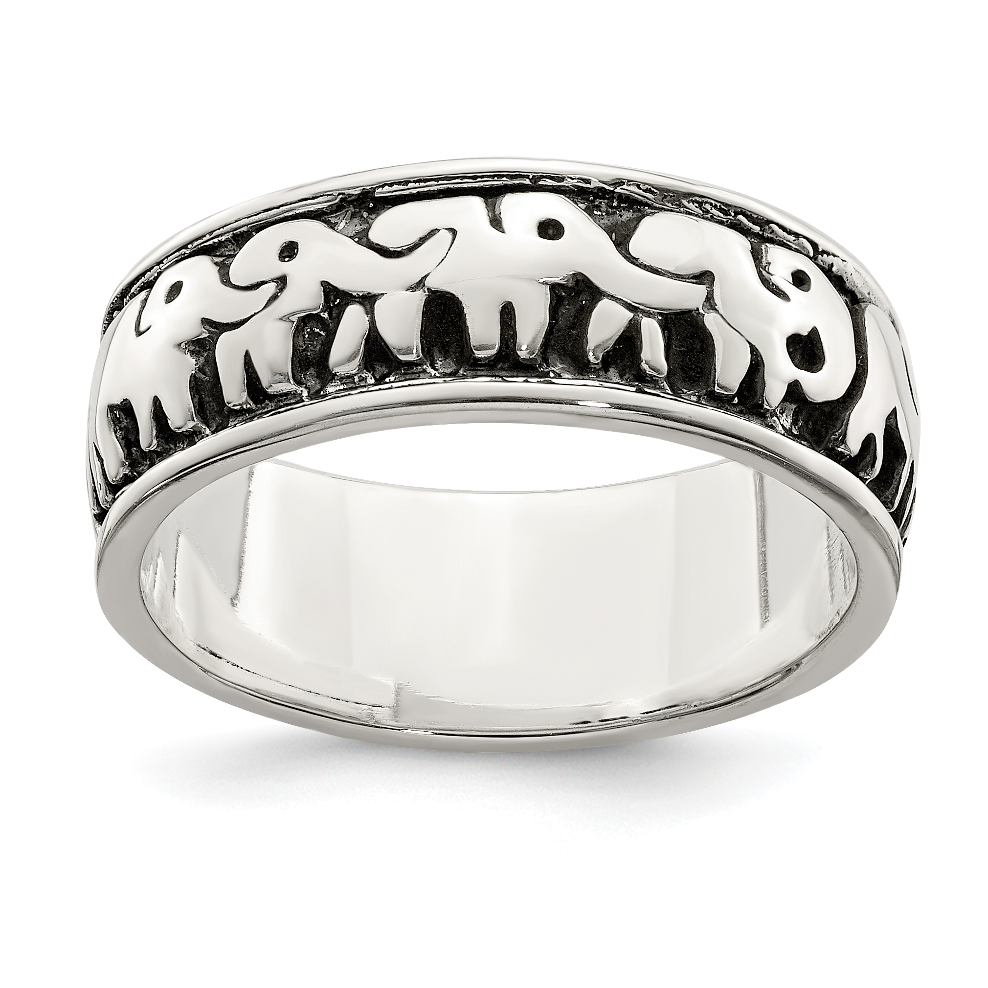 Sterling Silver Polished and Antiqued Elephants Ring (QR6115-6)