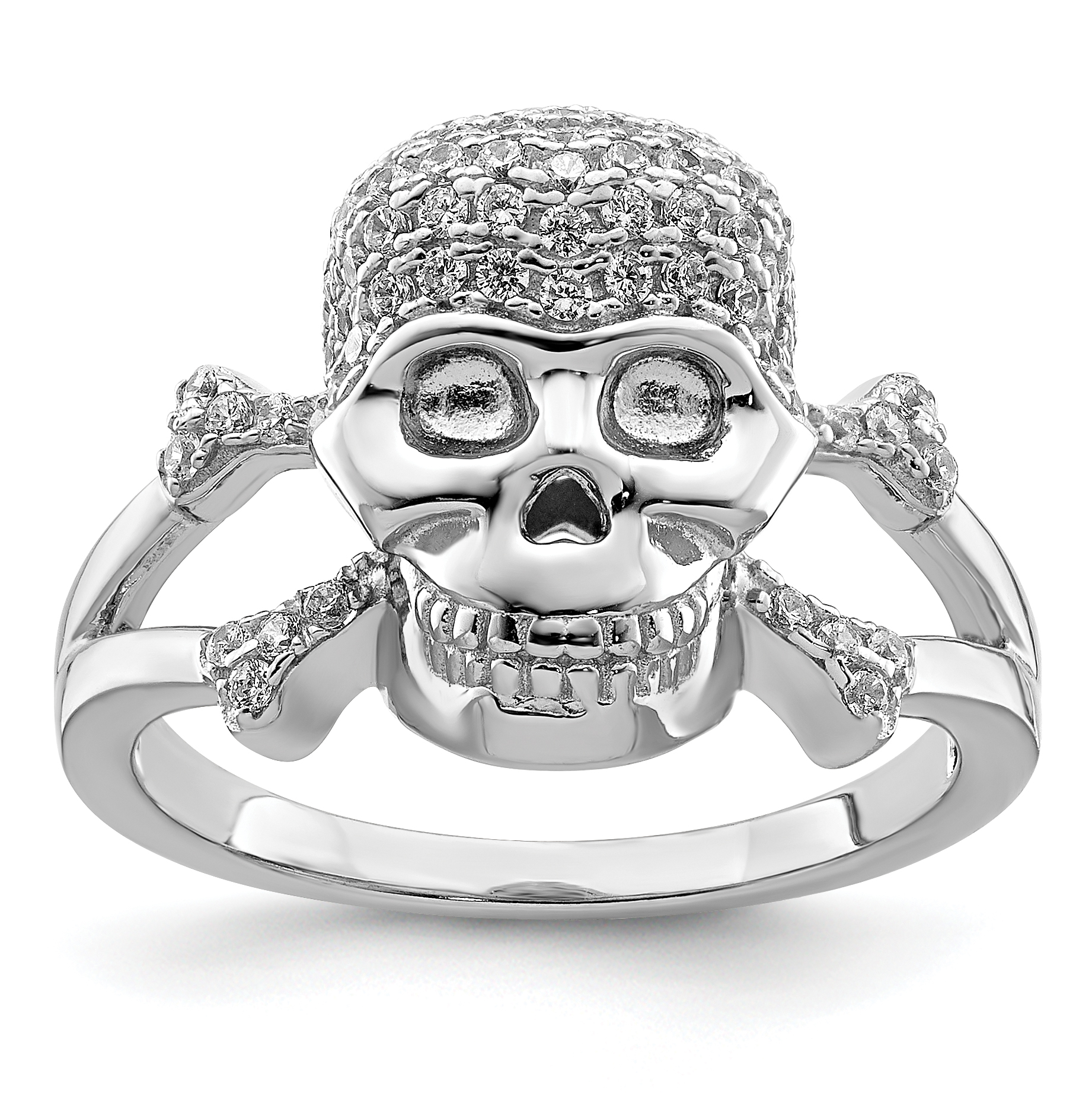 Sterling Silver Rhodium-plated and CZ Skull Ring (QR6197-6)