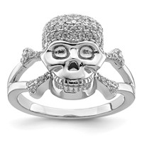 Sterling Silver Rhodium-plated and CZ Skull Ring view 1