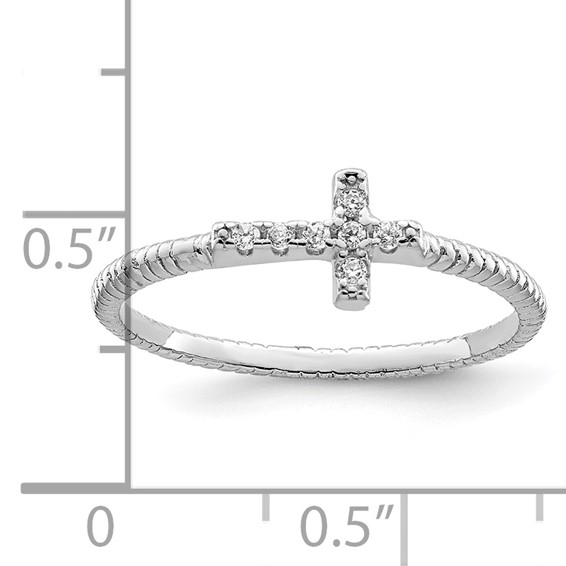 Sterling Silver Rhodium-plated Polished & Textured CZ Cross Ring