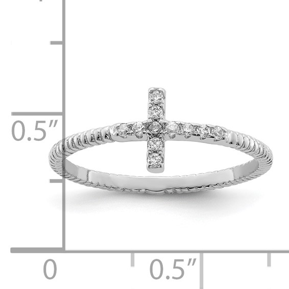 Sterling Silver Rhodium-plated Polished & Textured CZ Cross Ring