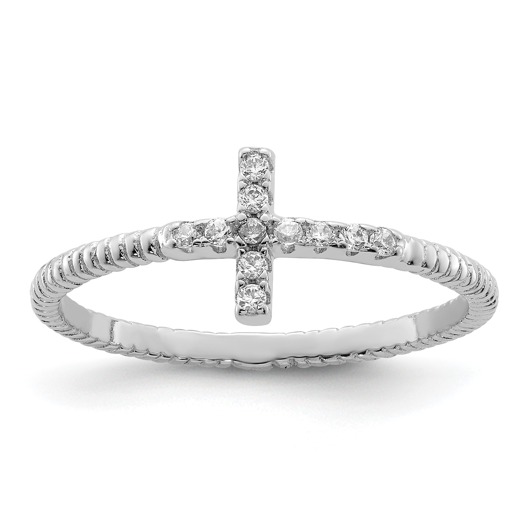 Sterling Silver Rhodium-plated Polished & Textured CZ Cross Ring (QR6204-7)