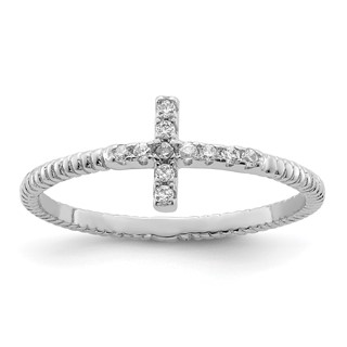 Sterling Silver Rhodium-plated Polished & Textured CZ Cross Ring