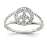 Sterling Silver Polished CZ Peace Sign Ring view 1
