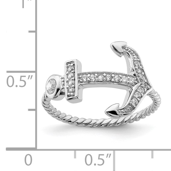 Sterling Silver Rhodium-plated Polished and Textured CZ Anchor Ring