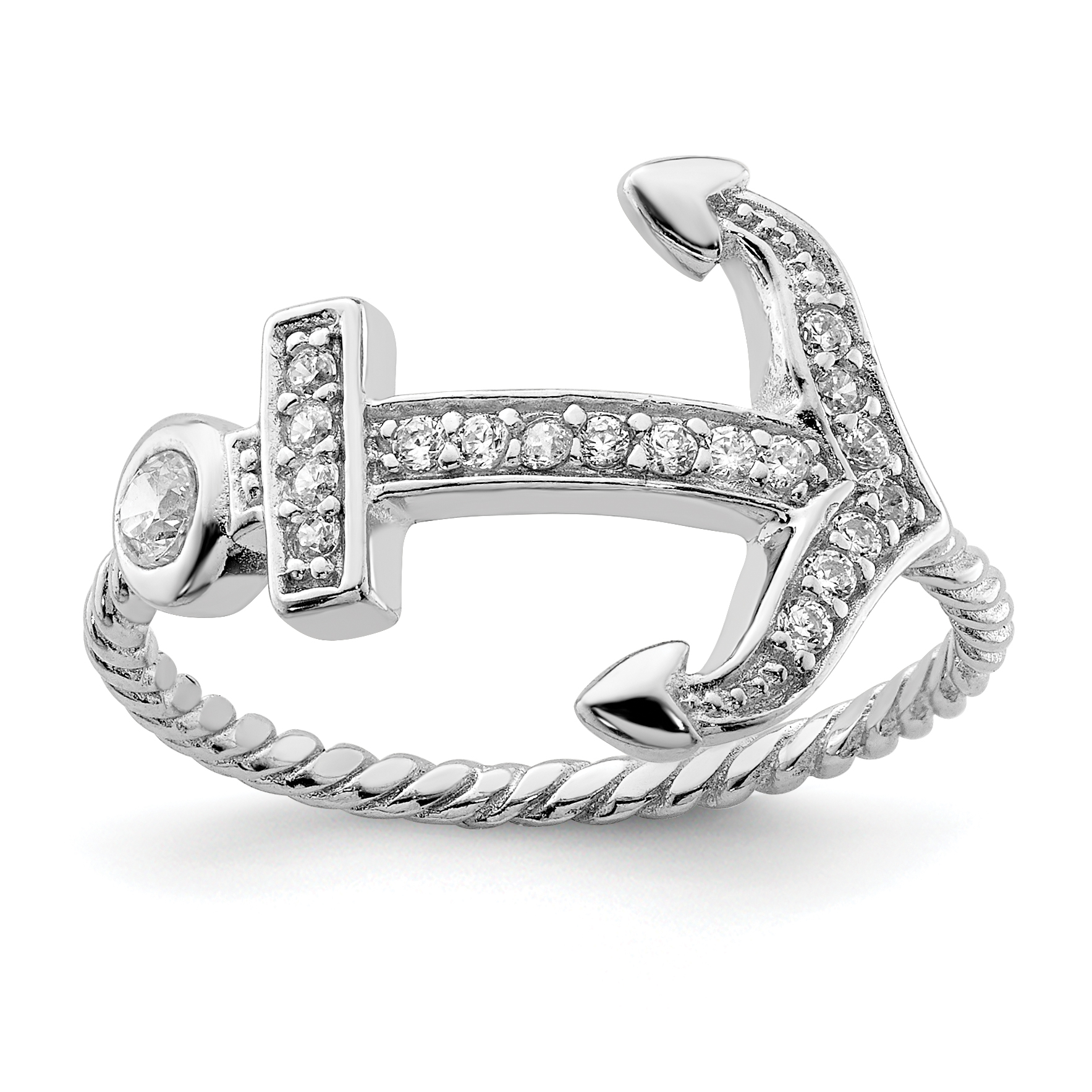 Sterling Silver Rhodium-plated Polished and Textured CZ Anchor Ring (QR6231-6)