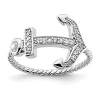 Sterling Silver Rhodium-plated Polished and Textured CZ Anchor Ring view 1