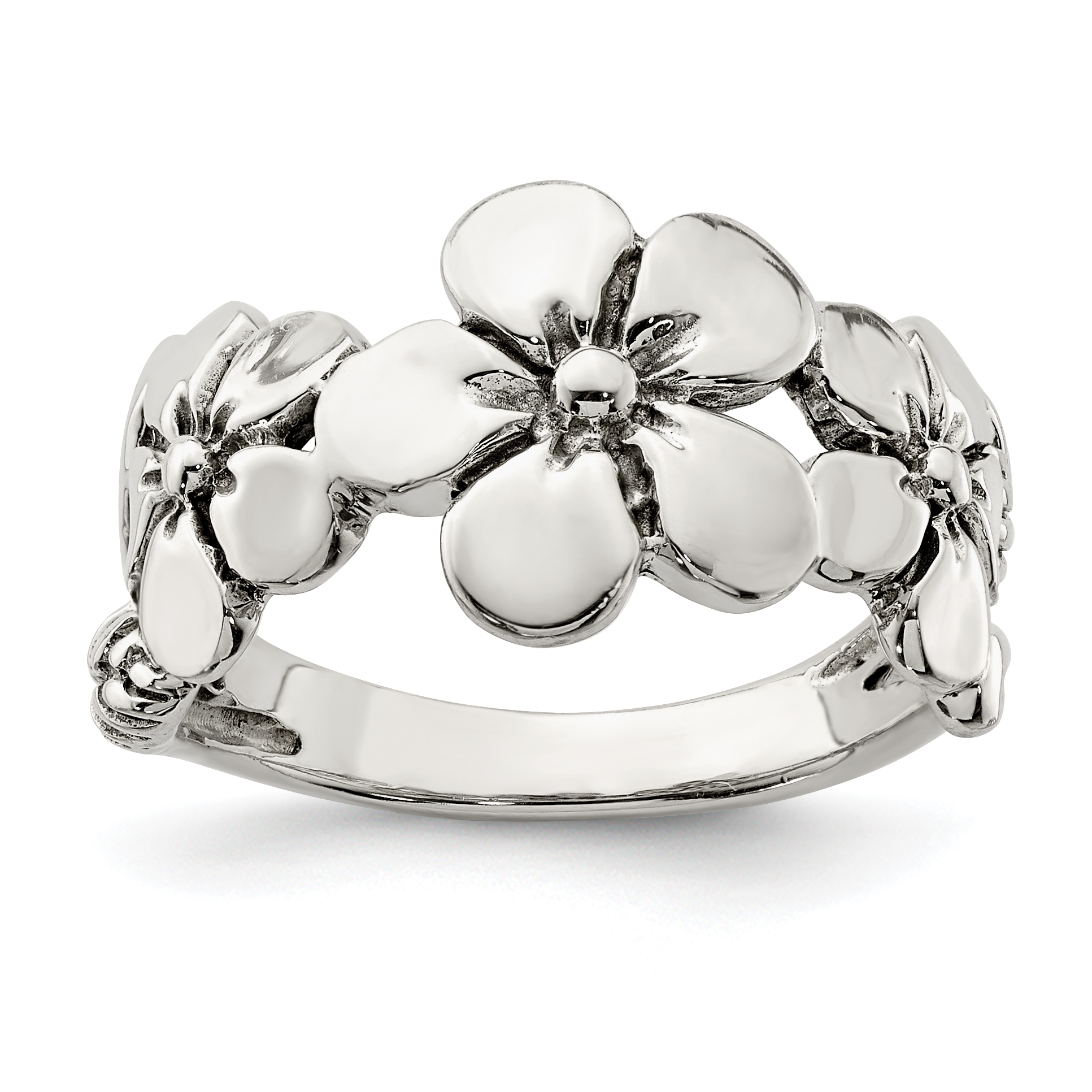 Sterling Silver Polished/Antiqued Flower Ring (QR6236-8)