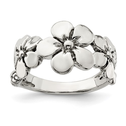 Sterling Silver Polished Antiqued Flower Ring