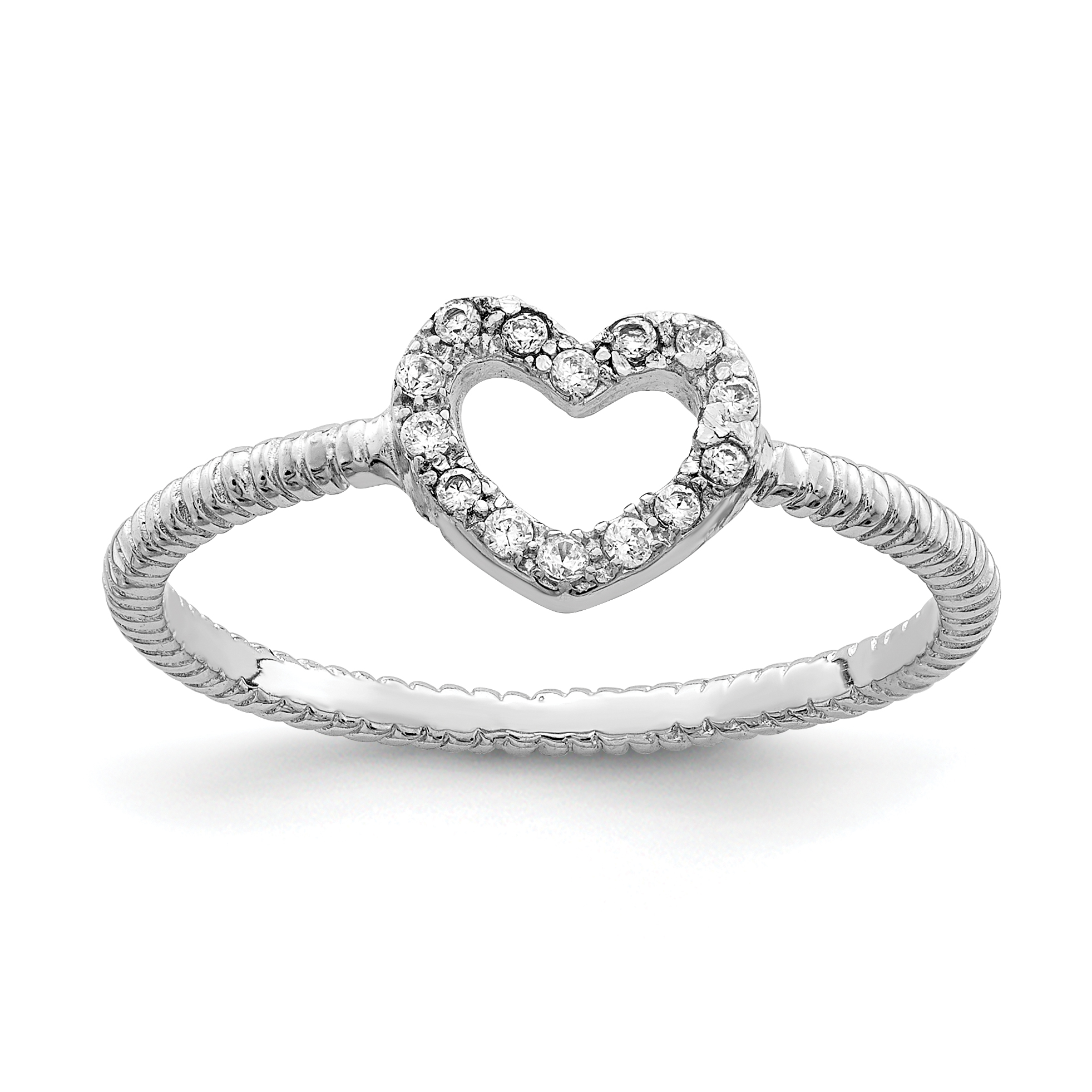Sterling Silver Rhodium-plated Polished & Textured CZ Heart Ring (QR6276-7)