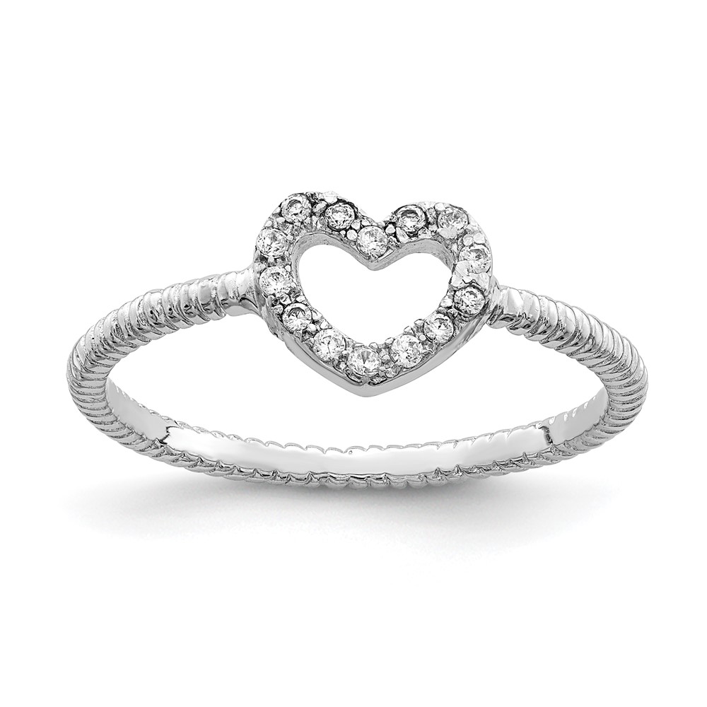 Sterling Silver Rhodium-plated Polished & Textured CZ Heart Ring (QR6276-7)