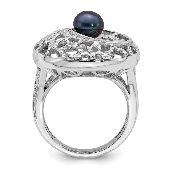 Sterling Silver Rhodium-plated Filigree Pattern CZ Accented Black Freshwater Cultured Pearl Round Ring