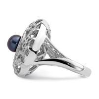 Sterling Silver Rhodium-plated Filigree Pattern CZ Accented Black Freshwater Cultured Pearl Round Ring view 3