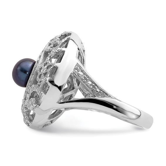 Sterling Silver Rhodium-plated Filigree Pattern CZ Accented Black Freshwater Cultured Pearl Round Ring