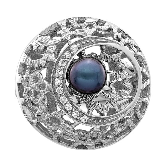 Sterling Silver Rhodium-plated Filigree Pattern CZ Accented Black Freshwater Cultured Pearl Round Ring