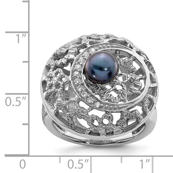 Sterling Silver Rhodium-plated Filigree Pattern CZ Accented Black Freshwater Cultured Pearl Round Ring