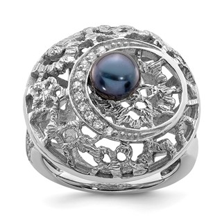 Sterling Silver Rhodium-plated Filigree Pattern CZ Accented Black Freshwater Cultured Pearl Round Ring