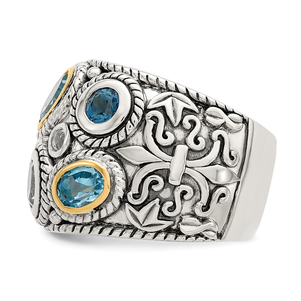 Sterling Silver w/14k Gold and Blue Topaz Fancy Ring (QR6304-7)