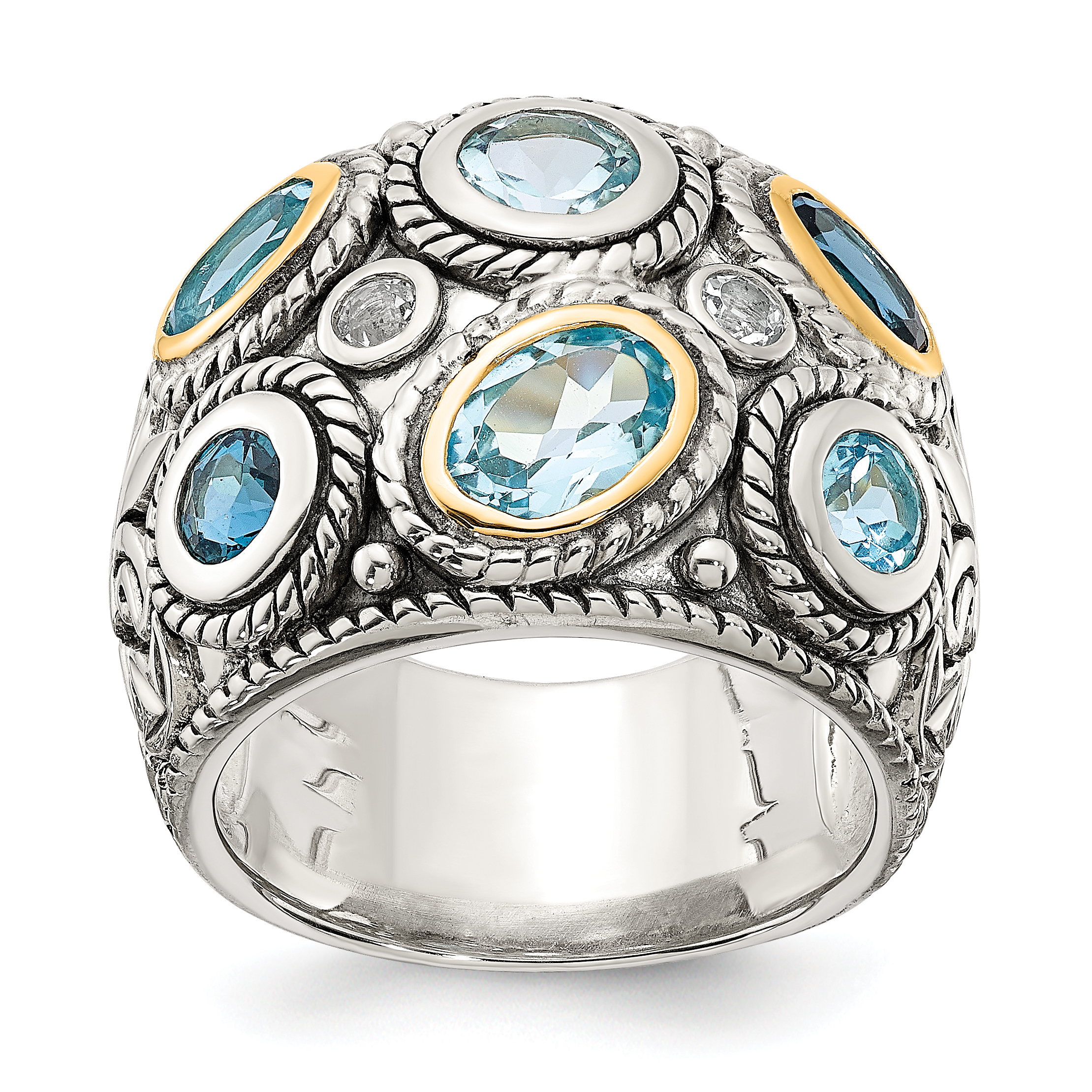 Sterling Silver w/14k Gold and Blue Topaz Fancy Ring (QR6304-7)