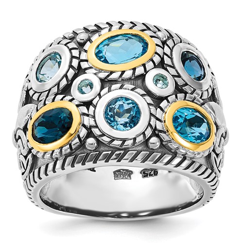 Sterling Silver RH-plated Ring with 14K Gold and Blue Topaz Fancy
