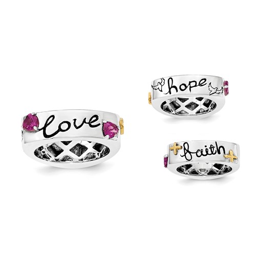 Sterling Silver Ring with 14K Rhodolite Garnet Faith Hope Love