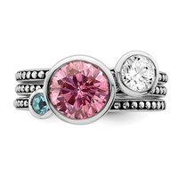 Sterling Silver Rhodium-plated with Pink & White CZ and Blue Glass Ring Set view 4